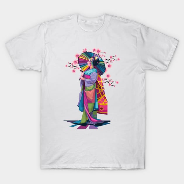 Geisha with rainbow umbrella T-Shirt by Alkahfsmart